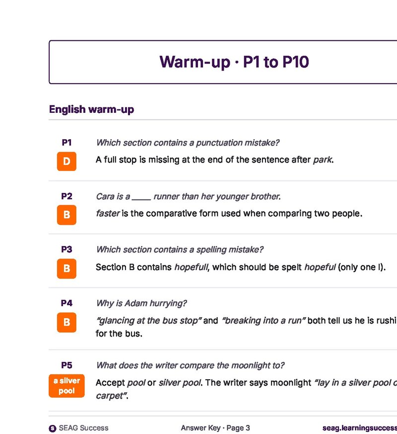 A page from the answer key showing answers and the explanation for each: e.g. P1 D because a full stop is missing after park; P2 B because faster is the correct comparative when comparing two people.
