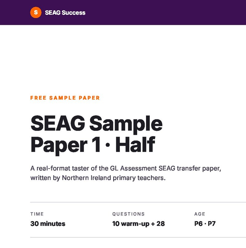 Cover of the free SEAG sample paper. 30 minutes, 10 warm-up plus 28 scored questions, ages P6 to P7.