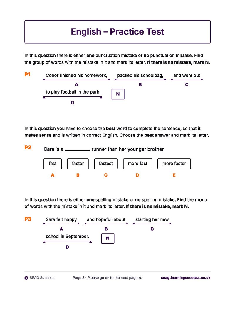 Sample English question page from the paper. Real SEAG punctuation, sentence-completion, and spelling questions with A to E plus N answer choices.