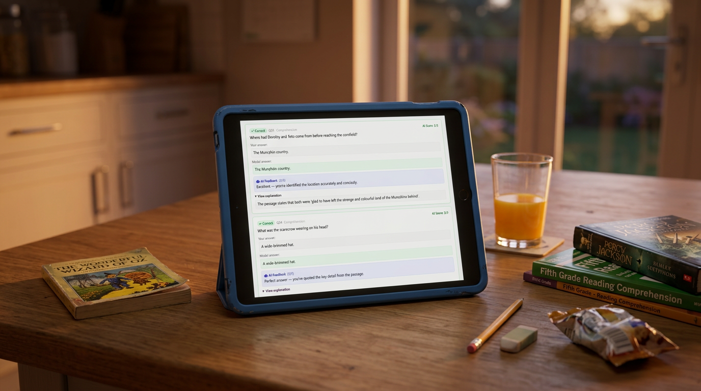 A tablet on a kitchen table showing a marked practice paper with a green tick on a written answer