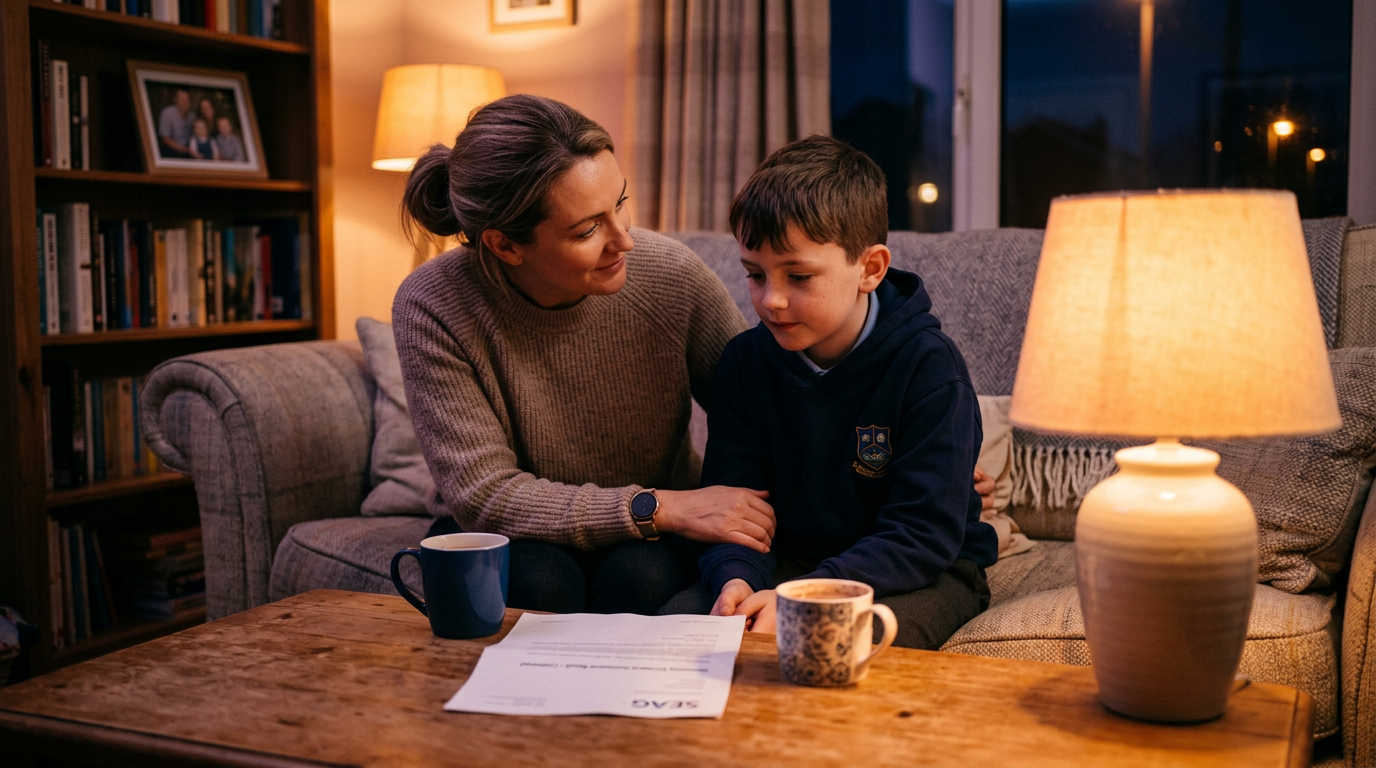 Parent and child sitting together on a sofa, talking calmly with the result letter on the table