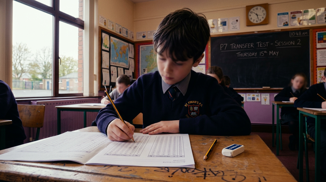 A P7 pupil at a desk with an open SEAG-style answer sheet and a sharpened pencil