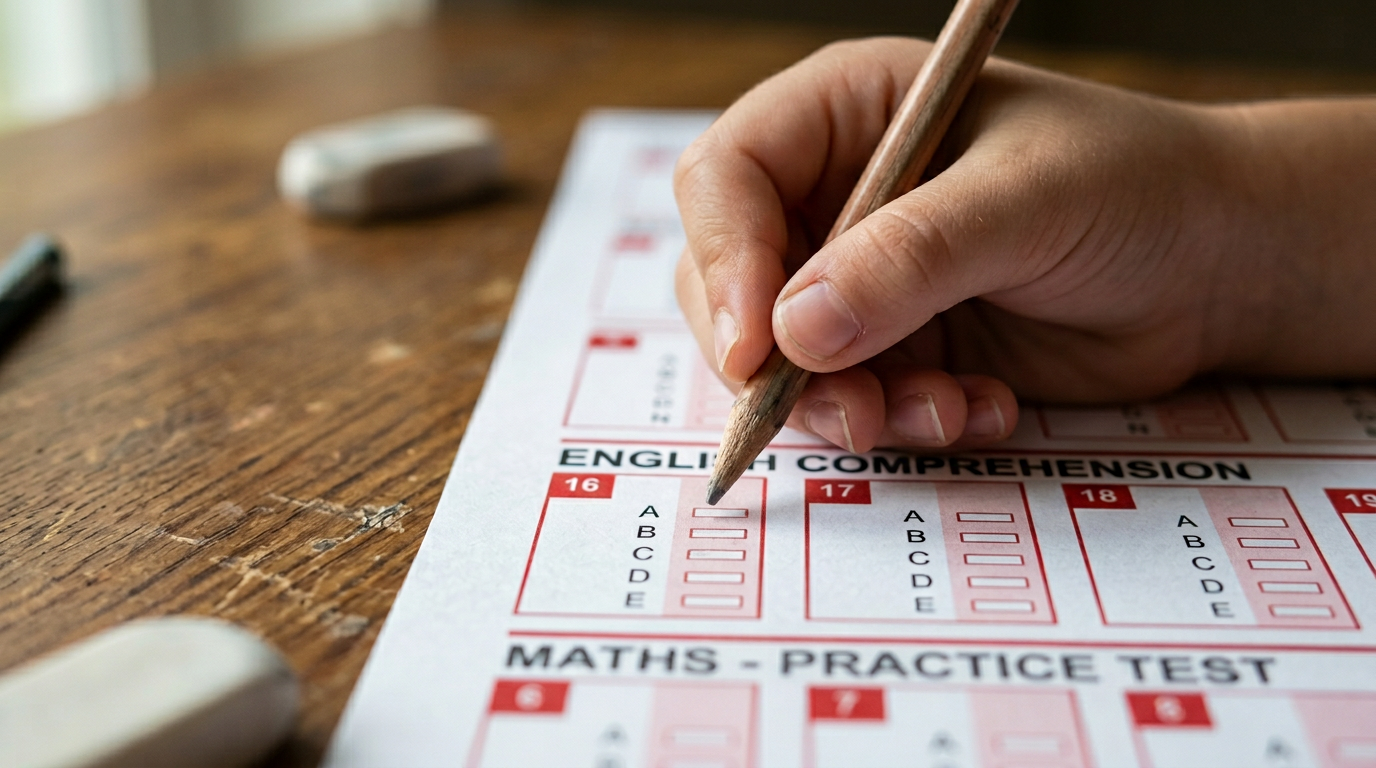 Close-up of a pencil hovering over a multiple choice answer sheet with five bubbled options