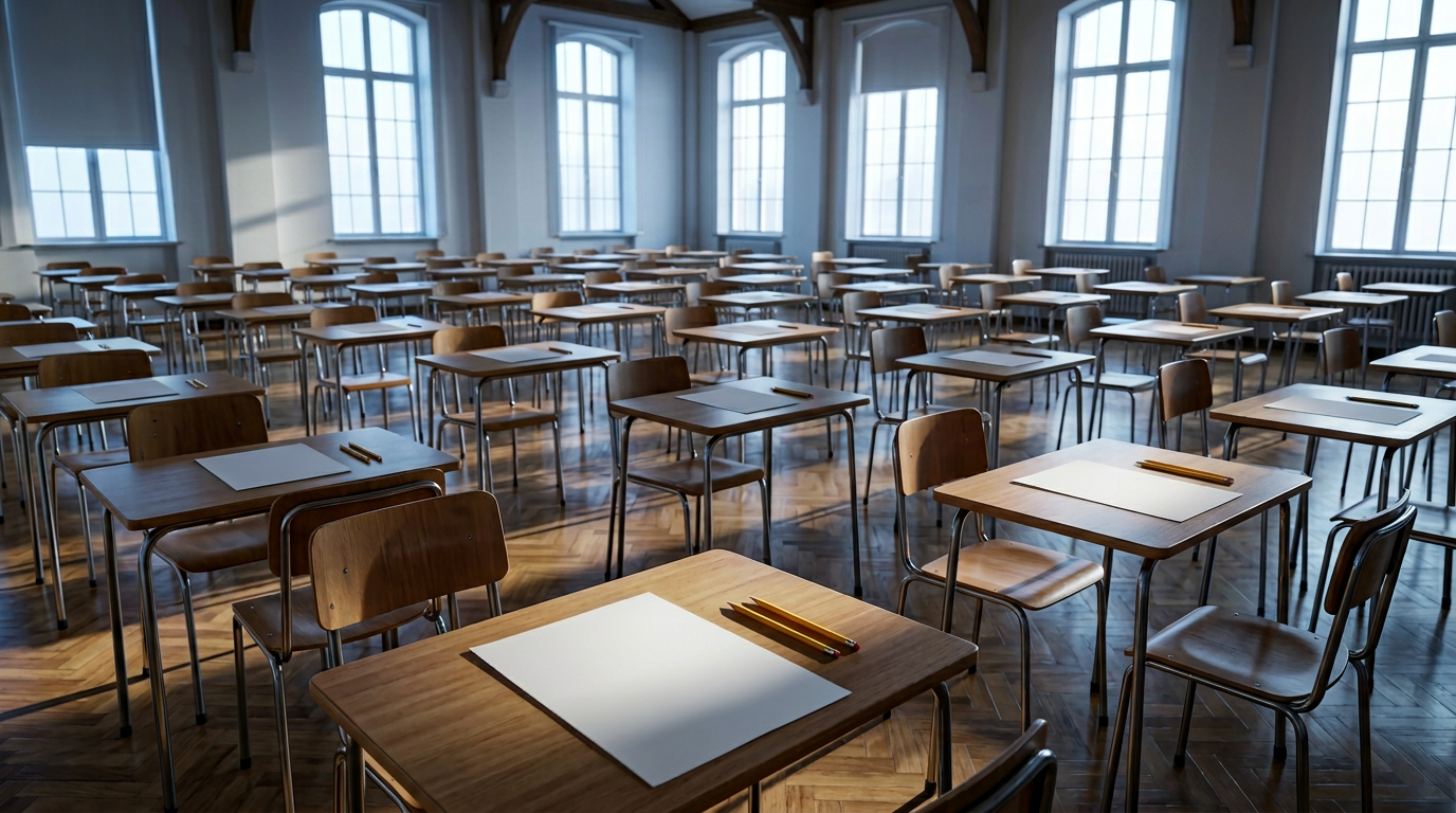 Illustrated school examination hall with rows of desks set for the SEAG transfer test, sharpened pencils and a water bottle on the nearest desk