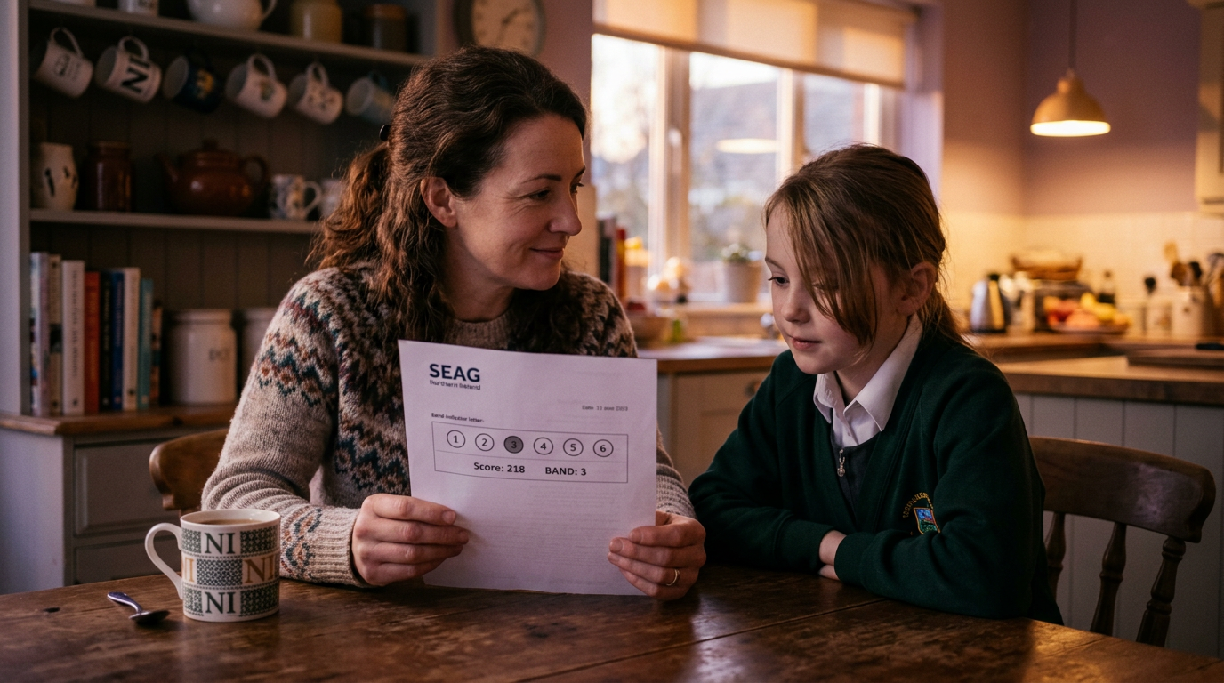 Parent sitting at a kitchen table opening a result letter with a calm child beside them