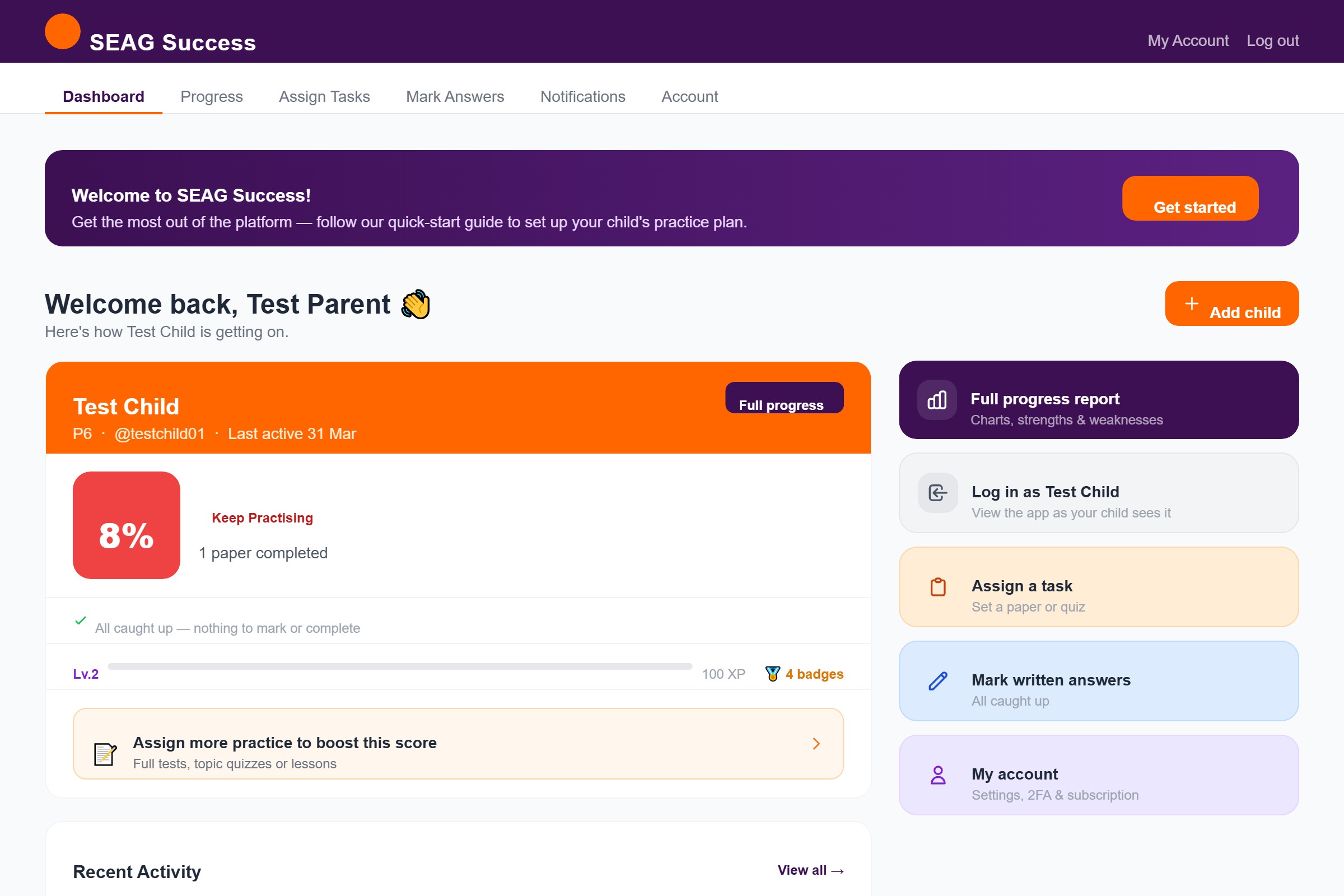 Parent dashboard showing child progress, scores and assigned tasks