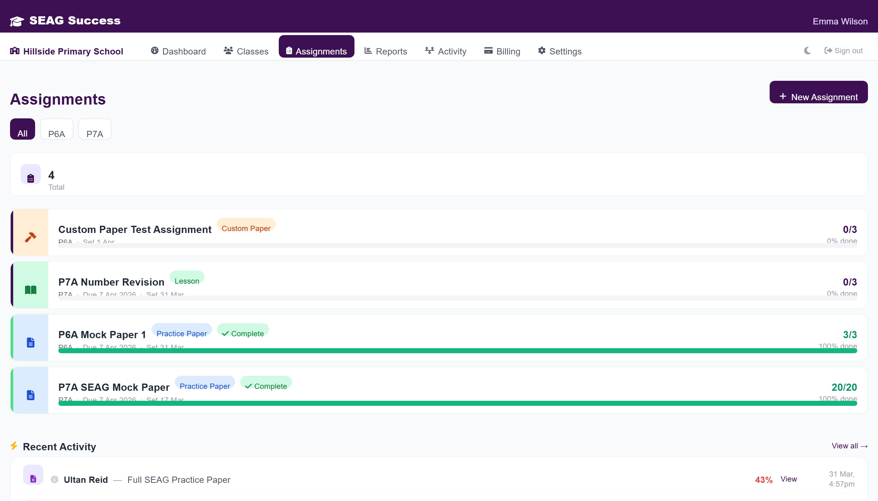 School assignments page showing active tasks and completion rates