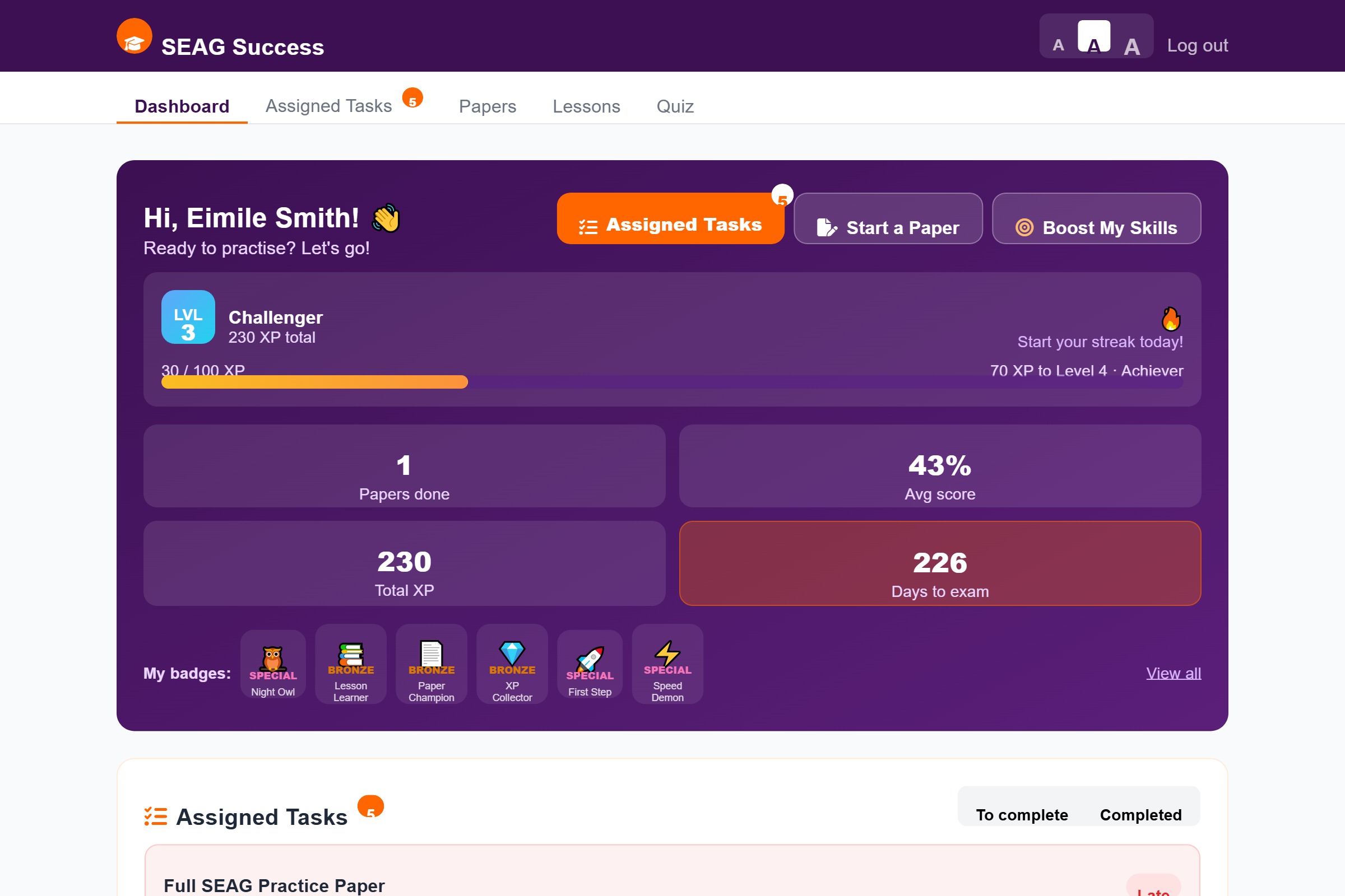 Student Dashboard showing personalised progress, XP levels, strengths and areas to work on